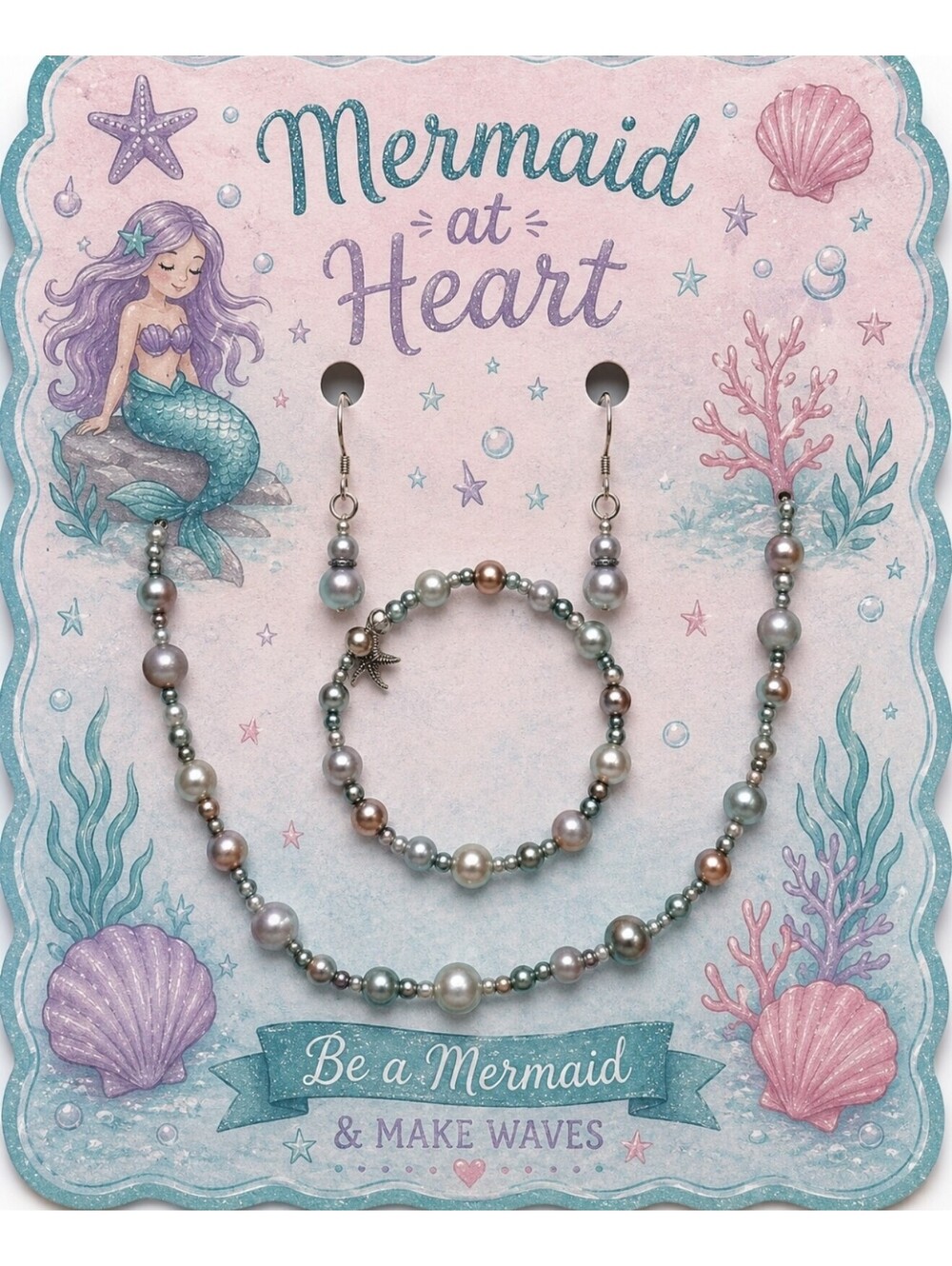 Mermaid Heart of the Ocean Starfish Beach Necklace Earrings Bracelet Jewelry Set